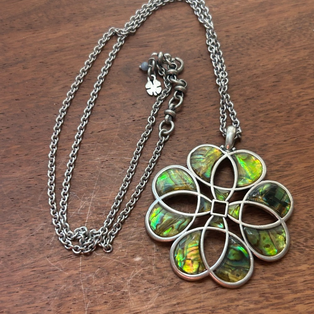 Vintage lucky brand distressed metal abalone citrine boho pendant necklace 25”